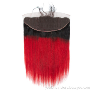 Brazilian Straight Human Hair 1B Red 13x4 Lace Frontal with Baby Hair Pre-Colored Dark Roots Ombre Red Human Hair Lace Frontals